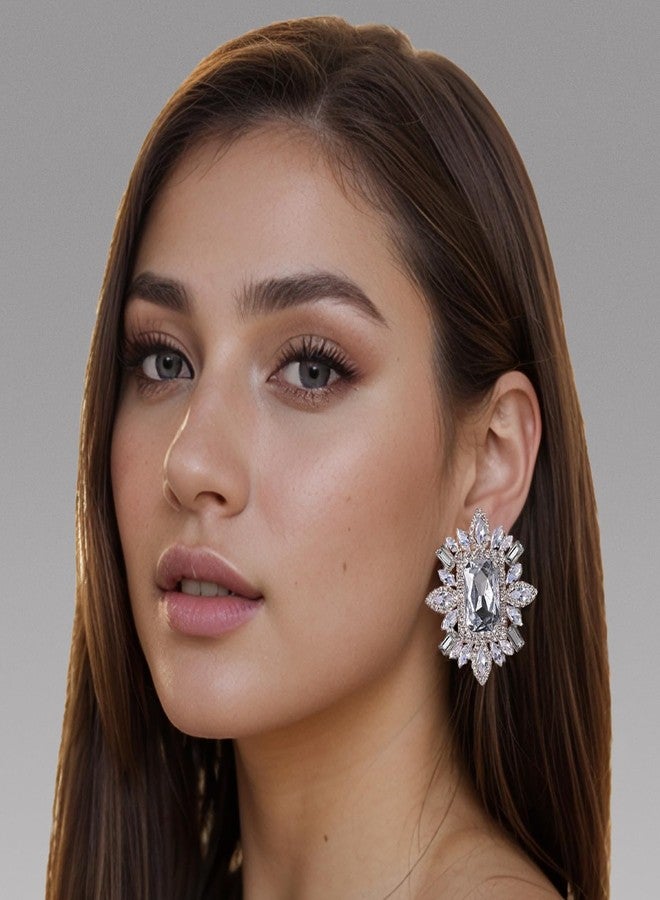 XSBODY Large Silver Rhinestone Clip On Earrings For Women Non Pierced Bling Crystal Statement Earrings Formal Trendy (Silver) - Image 5